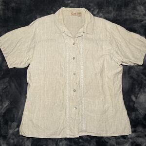 Vintage Woolrich 100% Linen Shirt Womens Size L Beige Button Up Embroidered
